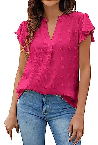 Cocila T Shirts da Donna con Volant A Maniche Corte Scollo V alla Camicia Corta Blusa Elegante Verde Donna Estiva Rossa Maglietta Mezza Manica Maglia Maglie Cotone Maniche Corte Basic