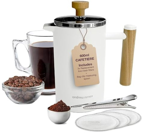 andrew james Double Walled Stainless Steel Cafetiere Gift Set With Coffee Measuring Spoon And Bag Sealing Clip | Delicious French Press Coffee | Easy to Clean (Ivory, 600ml)