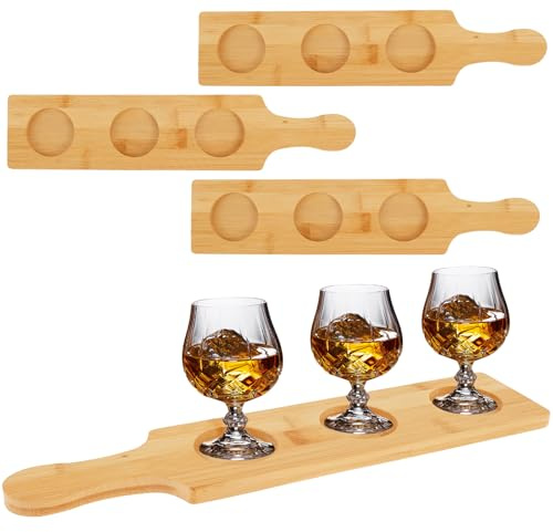 NZWBSHSSP 4PCS Flight Board for Tasting, 3 Slots Bamboo Wine Holder Serving Display Rack Paddle 2.17 INCH Dia Base for Whiskey, Beer, Drink Glass Jars