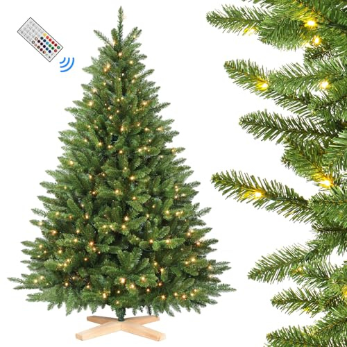SHareconn 7ft Pre Lit Christmas Tree with 400 Multi-Color RGB Lights & Remote Control, 1381 Branch Tips with Stable Cross Pine Wood stand, Artificial Xmas Tree for Home Holiday Decor