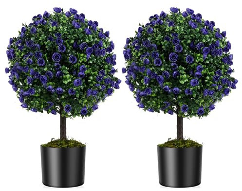 COSTWAY 2er Kunstpflanze 55cm, Buchsbaum mit Blättern & Rosenblüten in Lila, Kunstbaum mit Topf, Künstliche Dekopflanze Formschnitt, Zimmerpflanze in Kugelform, Kugelbaum für Haus Büro, Grün