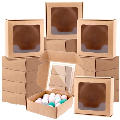 VIDETOL 50 Stück Braun Keksschachtel mit Sichtfenster 9.5 x 9.5 x 3.5 cm Geschenkbox Wiederverwendbar Schmuckschachteln Gebäckkarton Gebäckbehälter für Cookies, Cupcakes, Macaron