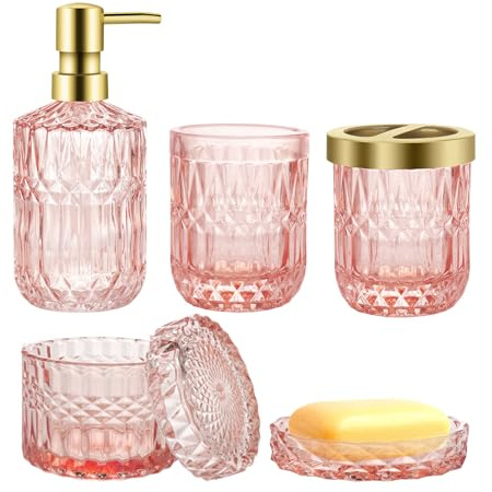 Bathroom Accessories Set, 5PCS Glass Set of Lotion Dispenser, Includes Soap Dispenser, Soap Dish, Toothbrush Holder, Tumbler and Jar, Stylish Modern Bathroom Decor (Pink)