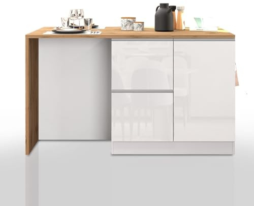 WHOUS Isola Cucina SOLE con 1 Anta, 2 Cassetti e 6 Vani, Tavolo da Pranzo e Piano di Lavoro, Ideale per Open Space e Spazi Ridotti, 152,5x90x90,60 cm, Bianco Lucido e Rovere