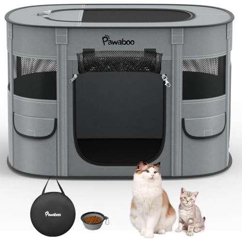 Pawaboo Parc Enclos Pliable Chien Chat, Enclos Intérieur Extérieur Portable, Cage Clôture Tente d'exercice en Tissu Oxford pour Petits Animaux, avec Bol à Nourriture, L, Gris de Charbon