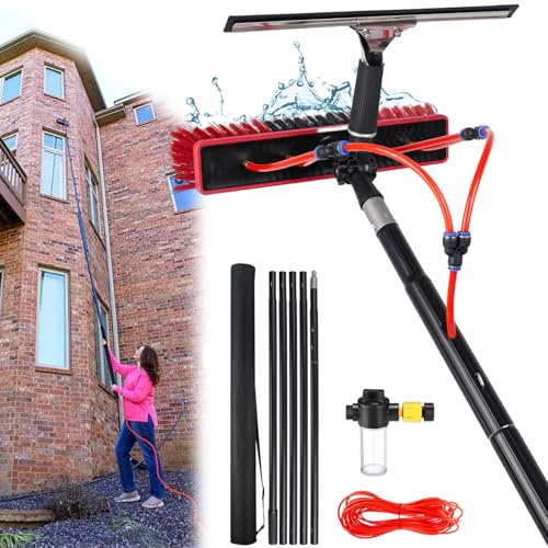 YFSMBD Brosse de Lavage Télescopique 3-20 Mètres, Brosse de Lavage avec Raclette & Distributeur de Savon, Perche Aluminium, Nettoyage des Fenêtres, Toit de Terrasse, Système Solaire (35cm Brosse,10m)