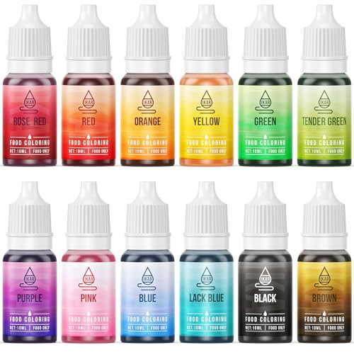 Colorant Alimentaire, 12x10ml liquide & très concentré - colorant alimentaires pour Décoration de Gâteaux,Fondant,Oeufs de Pâques,Pâtisserie,Glaçage,Cuisson,Slime