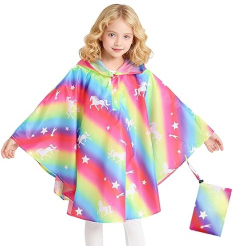 Keyck Poncho Impermeable Chubasquero Niño Niñas Transparente y Plegable Capa Lluvia con Capucha para Mochila, Ligero Chubasqueros Infantil para Escuela Ciclismo Viaje 3-5 Años, Caballo Arcoíris