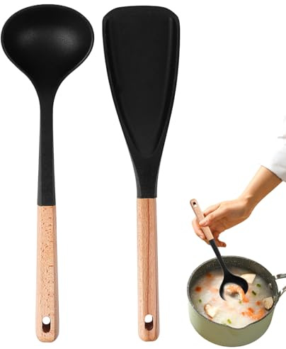 Cuillères En Silicone Pour La Cuisine - Manche en Bois Antiadhésif et Résistant à la Chaleur,Set De Cuillères En Silicone Avec Manche En Bois,Pour Salade Soupe Pâtisserie Mélange Service