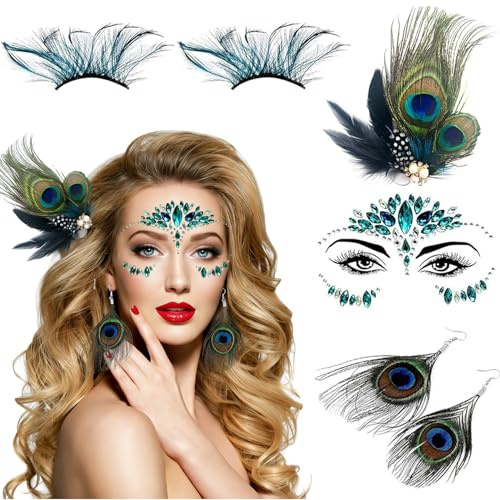 VASIN Pfau Kostüm Damen, 6 Stück Pfau Karneval Accessoire, Pfauenfedern Haarschmuck, Ohrringen, bunten Wimpern & Glitzersteine für Gesicht für Karneval, Halloween, Mottoparty und Cosplay