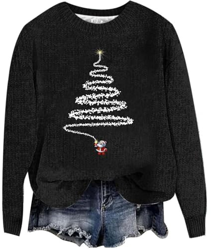 Generisch Pull de Noël pour femme - Automne - Hiver - Mode d'extérieur - Col rond - Imprimé de Noël - Grosse maille - Pull à capuche, b-noir, XL