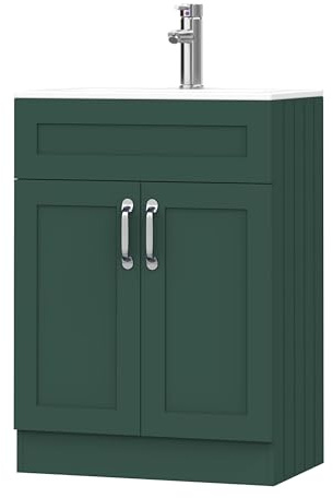 BELOFAY 600mm Floor Standing Bathroom Vanity Unit With Basin - Slim Waterproof Laquered Cloakroom Vanity Unit with 1 Tap Hole Ceramic Basin & Waste Included (Crawley Green)