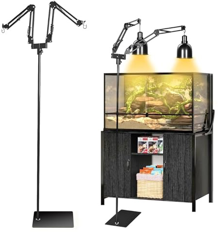 TECKZOON Supporto per lampada a doppia testa per rettili, con paralume e pellicola termoretraibile, altezza regolabile (40-160 cm), dissipazione rapida del calore, bracci regolabili a 360°, per