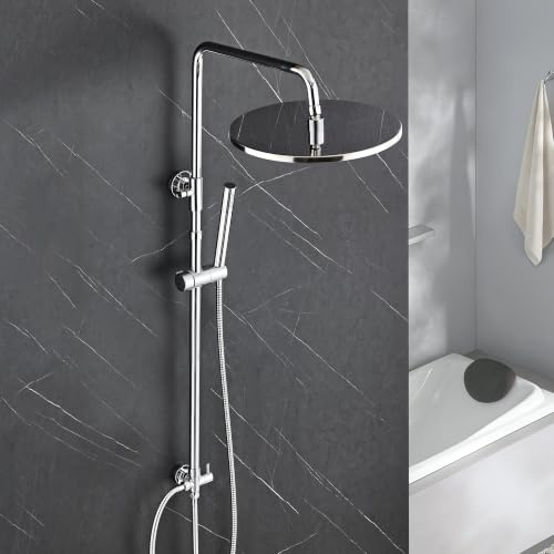 Görbach Colonna Doccia in Acciaio Inox senza Miscelatore, Set Doccia a Pioggia con Doccetta e asta doccia regolabile in altezza 74-114 cm, soffione XL 25 cm cromato