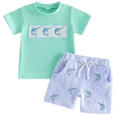 BemeyourBBs Toddler Baby Boy Summer Clothes Graphic T Shirt Elastic Waist Pockets Shorts Set 2 Piece Outfit (3-4T, Swordfish Lake Green)