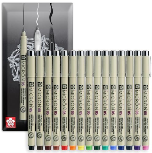 SAKURA Pigma Micron Fineliner Pigmentstift, 0,45 mm Spitze, wasserfest, lichtbeständig und permanente Tinte, Umschlag-Geschenkverpackung, Set mit 15 Farben