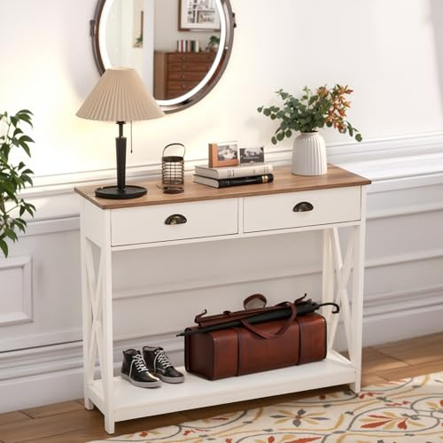 ALPHA HOME Beistelltisch mit Schubladen, Beistelltisch Holz mit Stauraum | Schmal Couchtisch für Wohnzimmer, Schlafzimmer, Büro, 100 x 30 x 80 cm