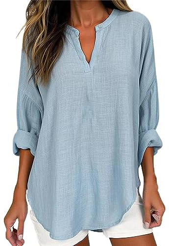 Chemise en Coton Lin pour Femme Chemisiers et Blouses Chic et Élégant Col V Bouton Tee Shirt à Manches Longue Chemisier Ample Décontractée Grande Taille Respirant Tunique Blouse D'Été et Automne Tops