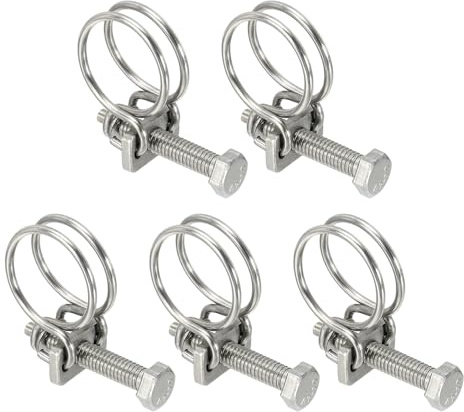 sourcing map 5 Pcs Double Wire Hose Clips 18-21 mm 201 Stainless Steel Adjustable Wire Pipe Tube Clamps with M6 Screw Plumbing Joint Fastener for Dust Collection Pool Pond, Silver