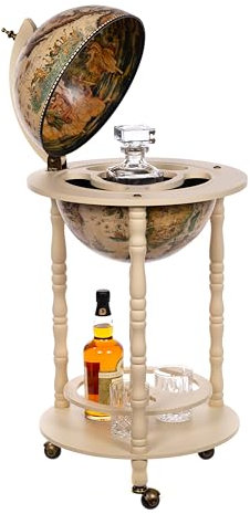 Riesiger Barwagen 33001 W, mit massiven Eukalyptusholz Säulen, in Antikweiß geöffnet 100 cm hoch und 44 cm breit, mit Rollen, antike Weltkugel Globusbar, Bartisch, Hausbar, Barwagen, Weltkugel