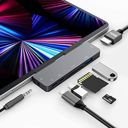 HUB USB C adattatore per iPad Pro M4 M2 M1 2024-2018,iPad Air 4/5,iPad Mini 6,7in1 Hub con 4K HDMI,PD 60W,3.5mm Jack,USB3.0 5Gbps,lettore di schede SD/Micro SD, adattatore per MacBook Pro/Air