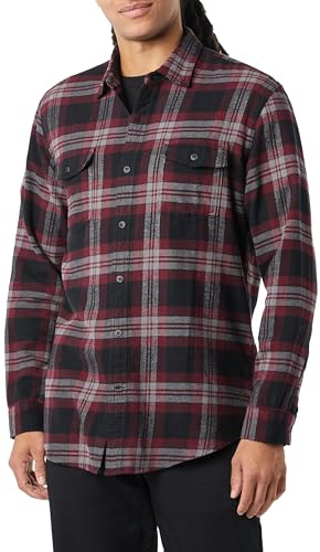 Amazon Essentials Men's Långärmad flanellskjorta med två fickor normal passform, Svart Vinröd Rutig, XXL