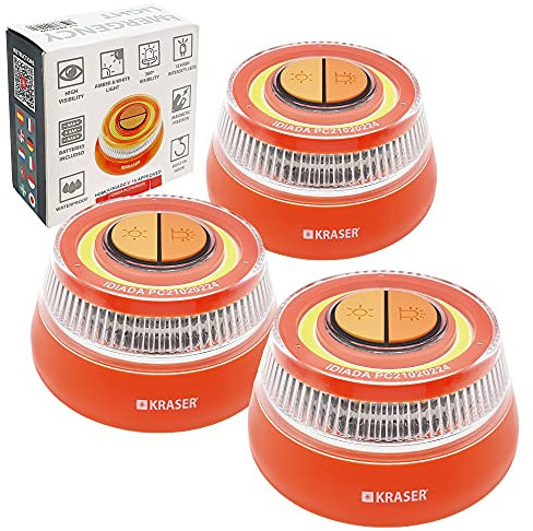 KRASER KR4V16NP3 3 Luce di Emergenza Auto Segnalazione Avviso Luminoso Autostrada Faro Illuminazione, Lampada Lampeggiante LED Stroboscopica di Intensità, Magnetica Omologata, Autonoma Torcia