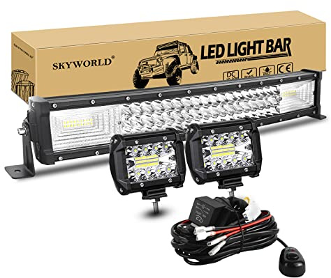 SKYWORLD 56cm 270W Curva Barra LED Fuoristrada Barra Luce a Led Con 12V Cablaggio, Faro da Lavoro 2PC 10cm 60W Proiettore Fendinebbia Luci Off Road Fari Led per Trattore Camion Auto 4x4 ATV SUV