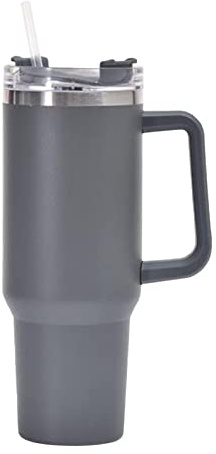 Dubbelväggig termosmugg i rostfritt stål med sugrör, 1 200 ml kopp, tumbler med handtag och lock, vakuum isoleringsmugg mugg, bilmugg, resemugg, termoskopp, termoskopp, lock fungerar som mugg (grå)