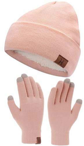 Bequemer Laden Herren Damen Winter Warm Beanie Mütze Touchscreen Handschuhe Set, Thermo Wintermütze Strickmütze Winterhandschuhe mit Fleece Gefüttert， Rosa