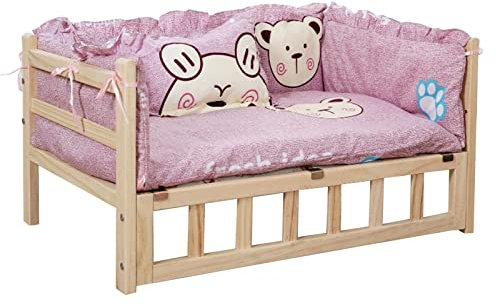 Hundebett Rosafarbenes Erhöhtes Haustierbett mit Süßem Bärenmuster, Orthopädisches Gelenk-Hundecouch aus Holz mit Bettzeug, für Kleine, Mittelgroße und Große Hunde ＆ Haustiere (Color : Style1, Size