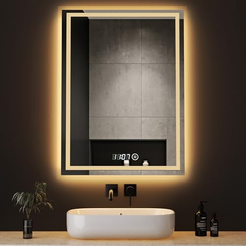 Boromal LED Badspiegel mit Beleuchtung und Uhr 50x70cm Badezimmerspiegel mit Beleuchtung Spiegel mit Beleuchtung Wandspiegel mit Touchschalter, Uhr, 3 Lichtfarben 3000K-6500K Dimmbar