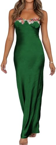 Sexy Satin Spaghetti Strap Floral Embroidered Maxi Dress for Women Sweetheart Neckline Backless Sleeveless Slit Midi Dress Green