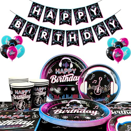 Music Party Decorations,Serves 16 Music Birthday Party Decorations Tableware Set - Music Banner Tablecloth Plates Cups Napkin etc Decorations