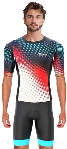 Sikma Triathlon-Anzug für Herren, halblange Ärmel, atmungsaktiv, Mesh, gepolstert, mit Hi-Viz-Reflexion, eine Gesäßtasche und Power-Band-Beingreifer, Trisuit, schwarz/red, XL