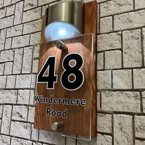 Customized Outdoor House Sign Solar LED Light Modern Residential Villa Sign Wooden Acrylic Address Plaque Street Name Door Plate (Brown wood color)