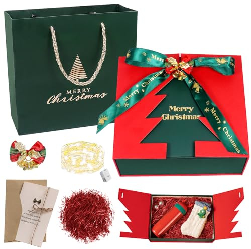 Geschenkbox Weihnachten, 20x18x8 CM LED Geschenkkarton Weihnachten, Geschenkbox Mit Deckel, Geschenkboxen mit Schleife,Raffia,Grußkarten,Geschenkverpackung Weihnachtens für Weihnachtsgeschenke