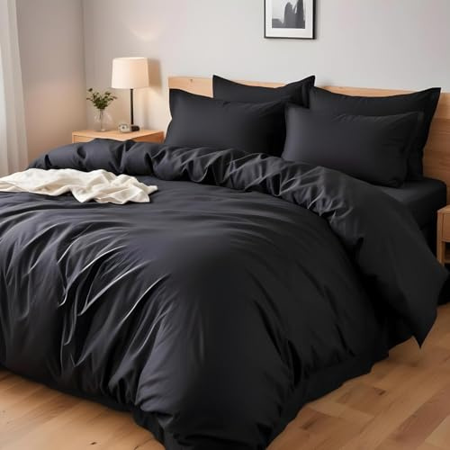 4AS Double Duvet Cover Set with Pillowcases - Soft Microfiber Bedding Set, Wrinkle Resistant Quilt Cover with Durable Button Closure (Black, 200x200cm)
