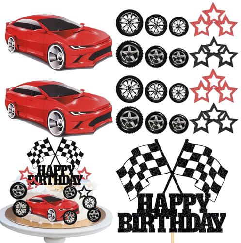 HEUIOP 27 Pcs Racing Car Cake Decorations, Happy Birthday Car Cake Topper, Chequered Flag Wheel Tire Cakes Picks, Cars Theme Decorations for Boys Girls Birthday Party Supplies