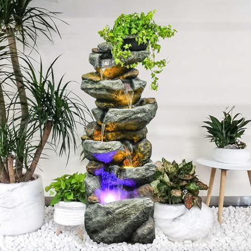 Fuente de agua para exteriores con luces LED, fuente de resina de 5 niveles para jardín, función de agua de pie con roca en cascada para patio, patio, porche, terraza