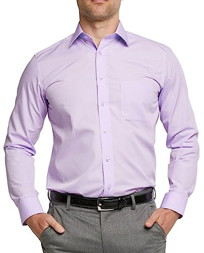 Double TWO Men's Long Sleeve Plain Formal Shirt Non Iron Classic Fit Business Dress Shirt - Mauve, 17in Collar