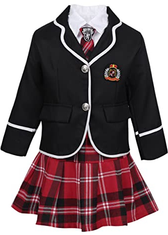 FEESHOW Flickor skoluniform Japan anime kostym set kostym jacka mini rutig kjol med/utan skjorta slips barn kör fest skola cosplay outfit, svart, 140/152 cm
