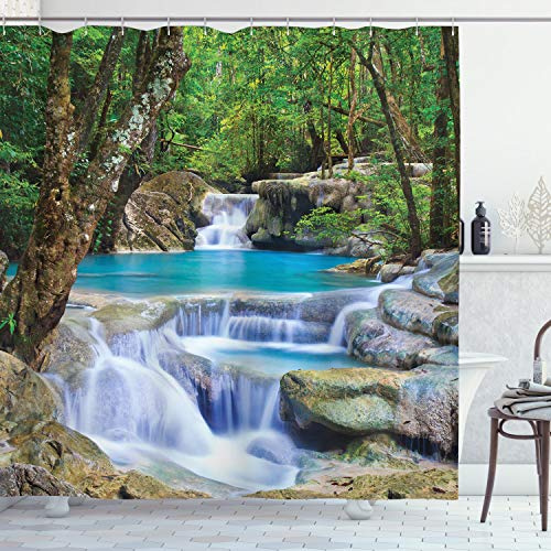 ABAKUHAUS Natur Duschvorhang, Felsen in See mit Wasserfall, Stoffliches Gewebe Badezimmerdekorationsset mit Haken, 175 x 240 cm, Braun Grün Blau