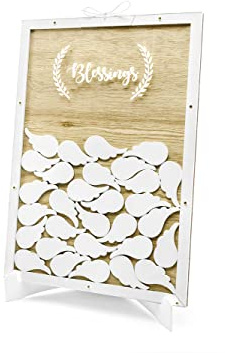 PartyDeco Gästebuch aus Holz Blessings für Hochzeit Taufe 27x39cm weiß - Holzgästebuch mit 30 blanko Engelsflügeln zum Eintragen von Wünschen Sprüchen
