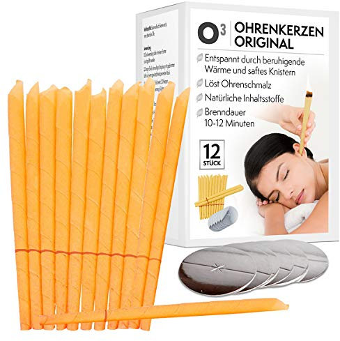 OHRENKERZEN ZUR REINIGUNG, 12 Ohrkerzen aus natürlichem Bienenwachs, Inklusive 6x Tropfdeckchen, Zum Entspannen und Reinigen, Premium Qualität mit Sicherheitsfilter und deutscher Anleitung
