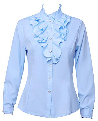 Yiluweinir Women Party Shirts Stand-Up Collar Vintage Victoria Shirts Ruffle Formal Office Blouse Working Tops L Blue