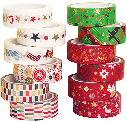 YUBBAEX Weihnachten Washi Tape Set GoldFolie Masking Tape dekorativ Klebeband für Kunst, DIY Handwerk, Bullet Journal liefert, Planer, Scrapbook, Geschenk Verpackung -15mm- (Golden X'Mas 12 Rollen)