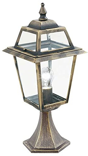 Britalia Black Gold & Clear Glass Panel Outdoor Vintage Lantern Post Pedestal Light | IP44 Exterior Rating | Ideal for Gardens - Driveways - Patio Lighting | 1 x E27 Lamp Required (Not Included)