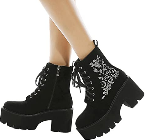 Minetom Damen Plattform Punk PU Stiefeletten Winterstiefel Kurzschaft Stiefel Boots Gothic Plateauschuhe Motorrad Schnürstiefel A Schwarz 39 EU