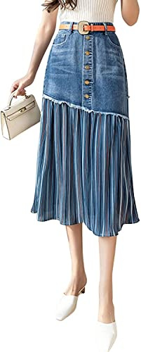 Lazutom Jupe en jean plissée taille haute pour femme, bleu, 46